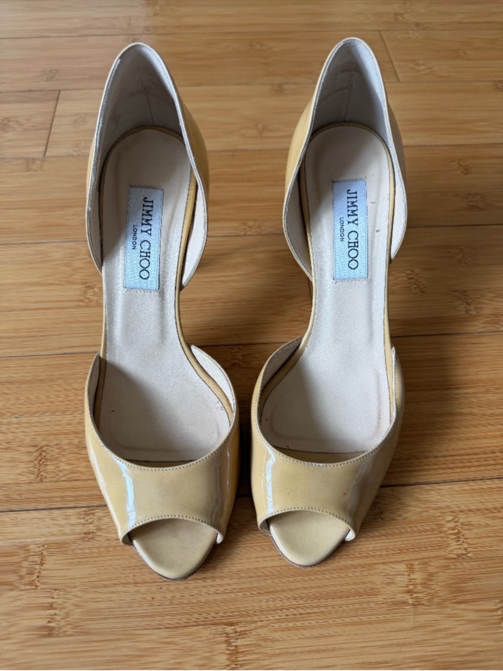 Jimmy Choo Logan Nude Patent Leather D’Orsay Peep Toe Pumps
